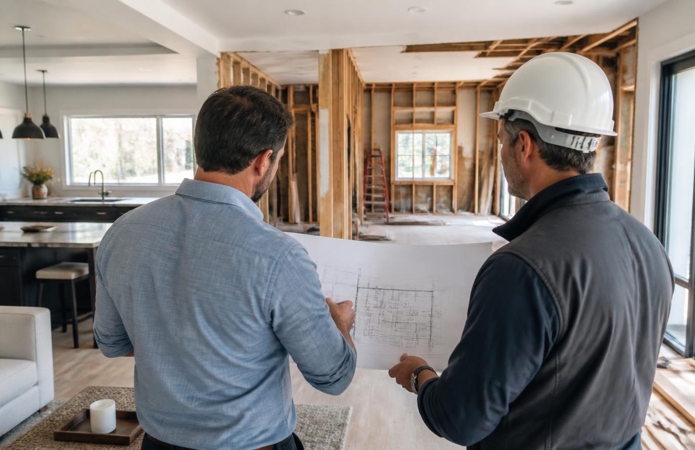 Project manager and contractor reviewing plans inside a residential renovation